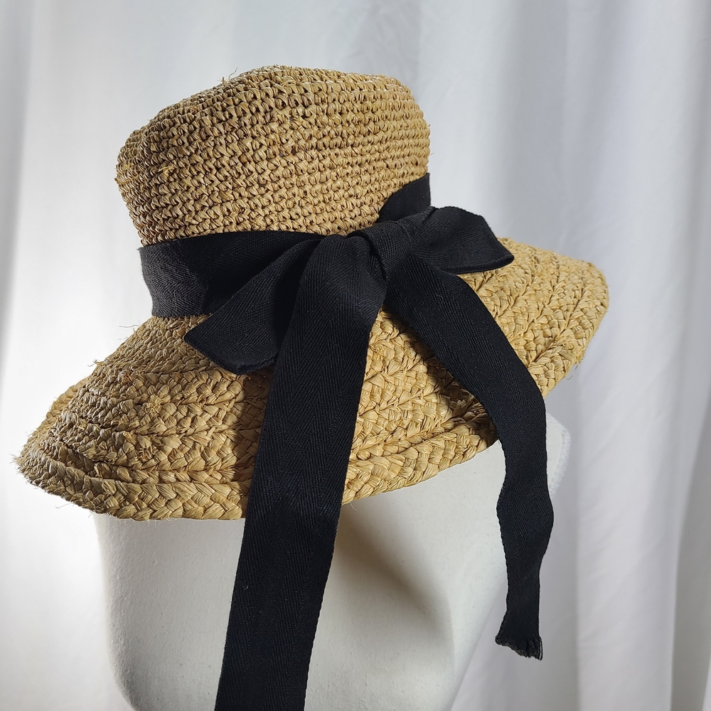 Scala Natural Straw Sun Vacation Hat with Black Gtosgrain Bow Boho